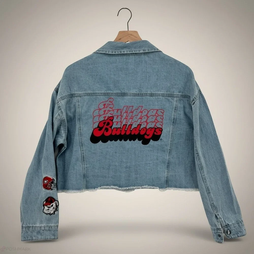 Georgia Bulldogs Denim Jacket Wear by Erin Andrews‎ Blue Cropped Trucker L
